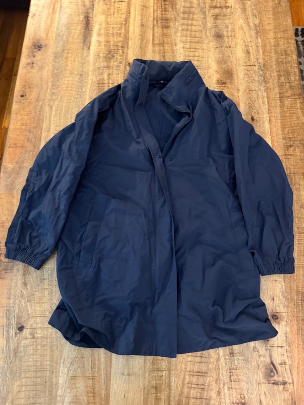 Eileen Fisher Navy blue cotton nylon hooded jacket Coat with Snap & Zip Front